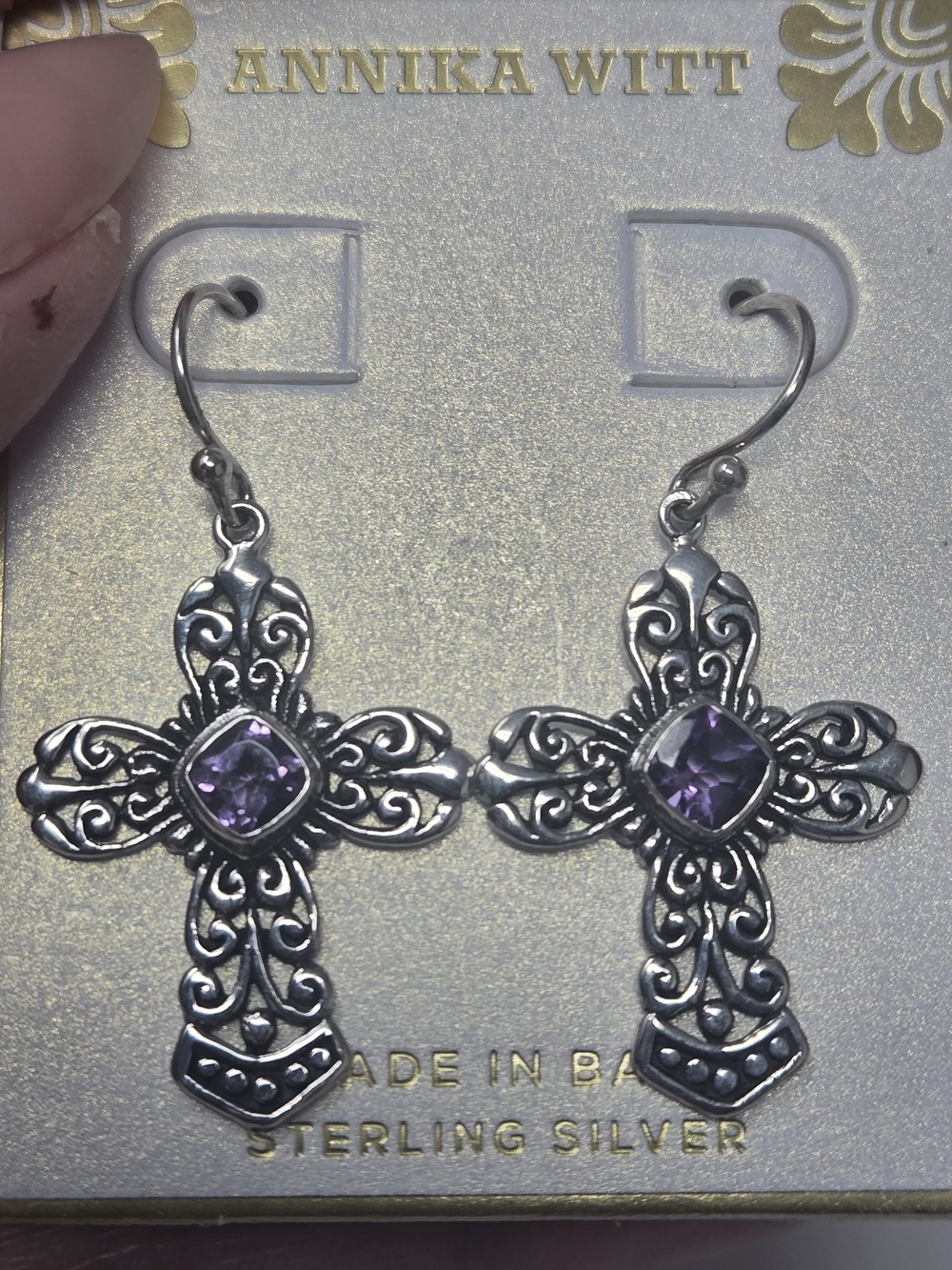 NEW Sterling Silver Filigree Cross Earrings with Purple Stone